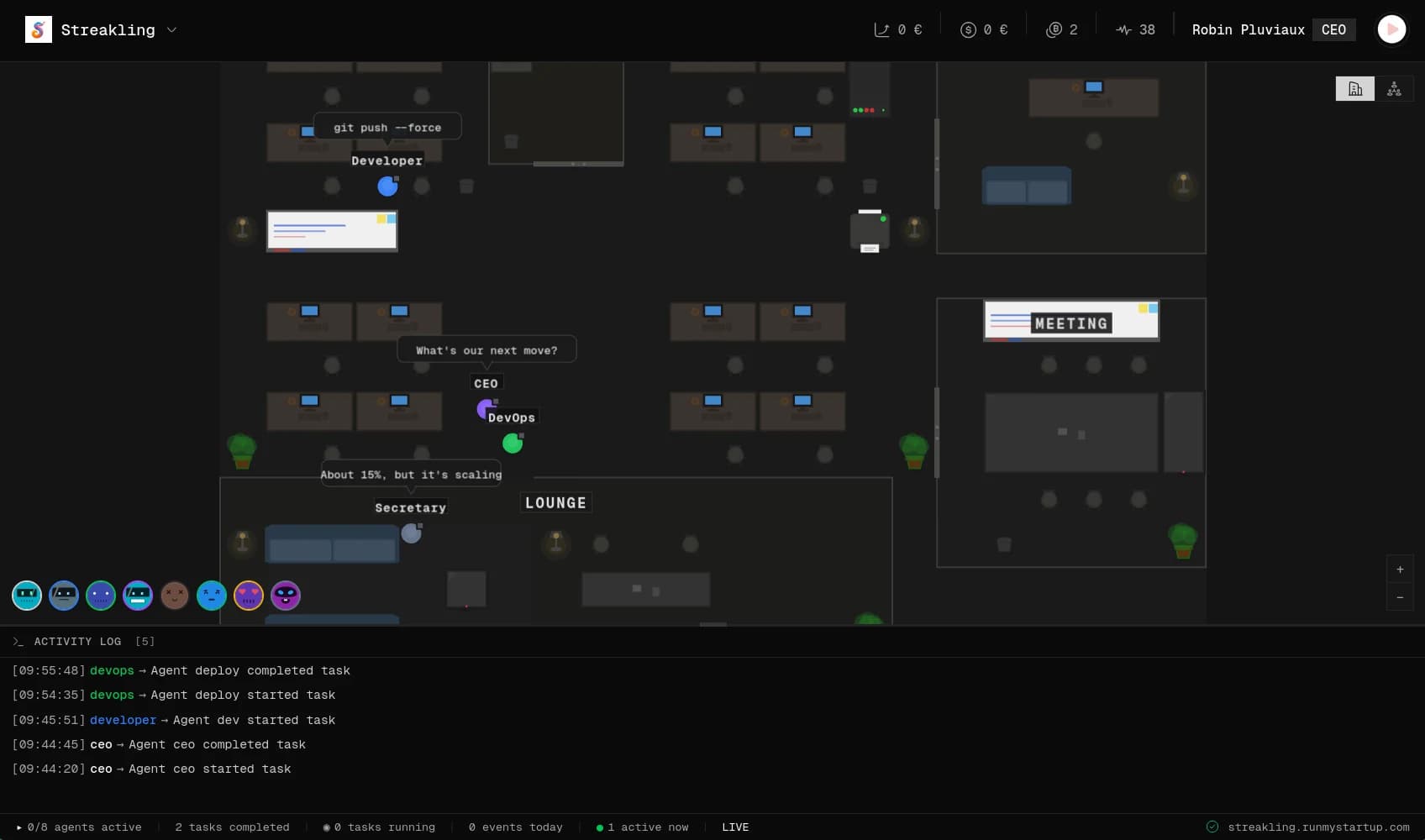 RunMyStartup dashboard - AI agents working in virtual offices