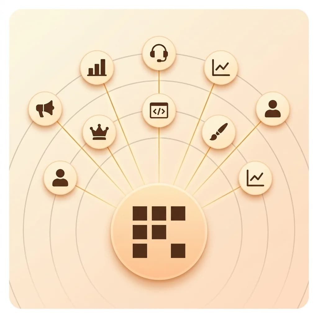 RunMyStartup hub with 8 AI agents radiating around